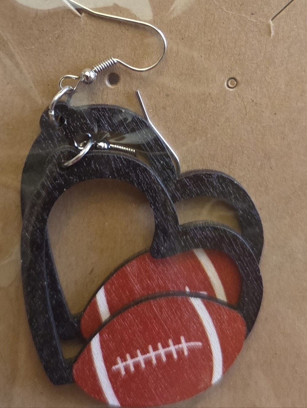 Wooden Black Heart Earrings with Football Accent